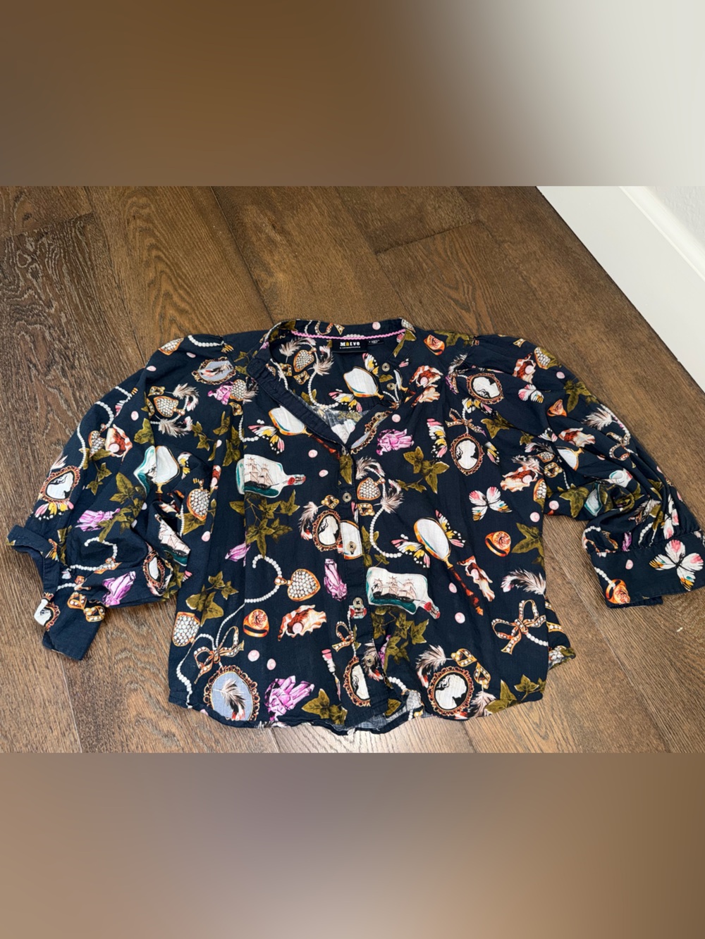 Maeve Anthropologie Floral Navy Blue Blouse Shirt Sz XS